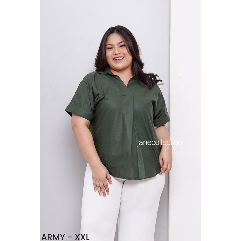 JANE COLLECTION || Kemeja Kerja Wanita Hitam Kemeja Basic Polos Putih Lengan Pendek Katun 100% Oversize XXL - Kemeja Katun Tracy