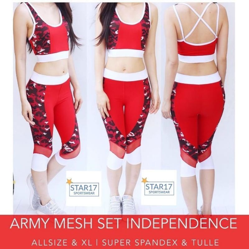 ARMY MESH SET INDPNDENCE -BAJU SENAM- BAJU OLAHRAGA WANITA -BAJU SENAM MURAH -BAJU YOGA - BAJU ZUMBA