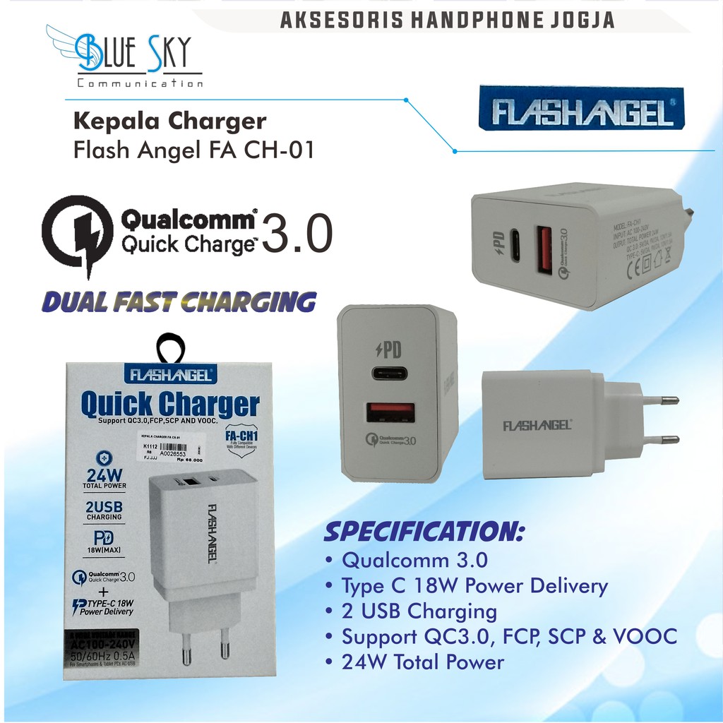 KEPALA CHARGER FLASH ANGEL FA CH-01 QUALCOMM 3.0 DUAL FAST CHARGING