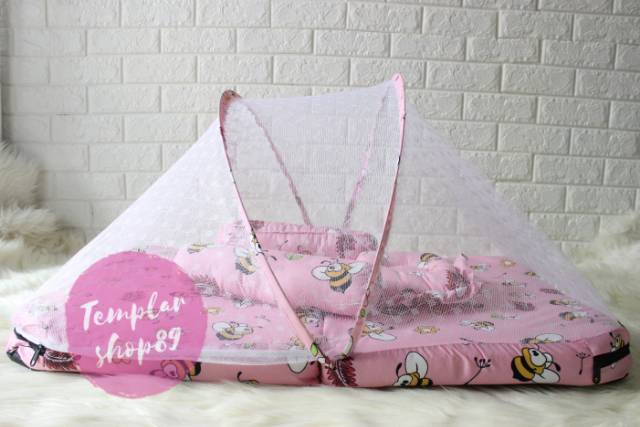 Kasur bayi set kelambu bantal guling model lipat  pink lebah termurah