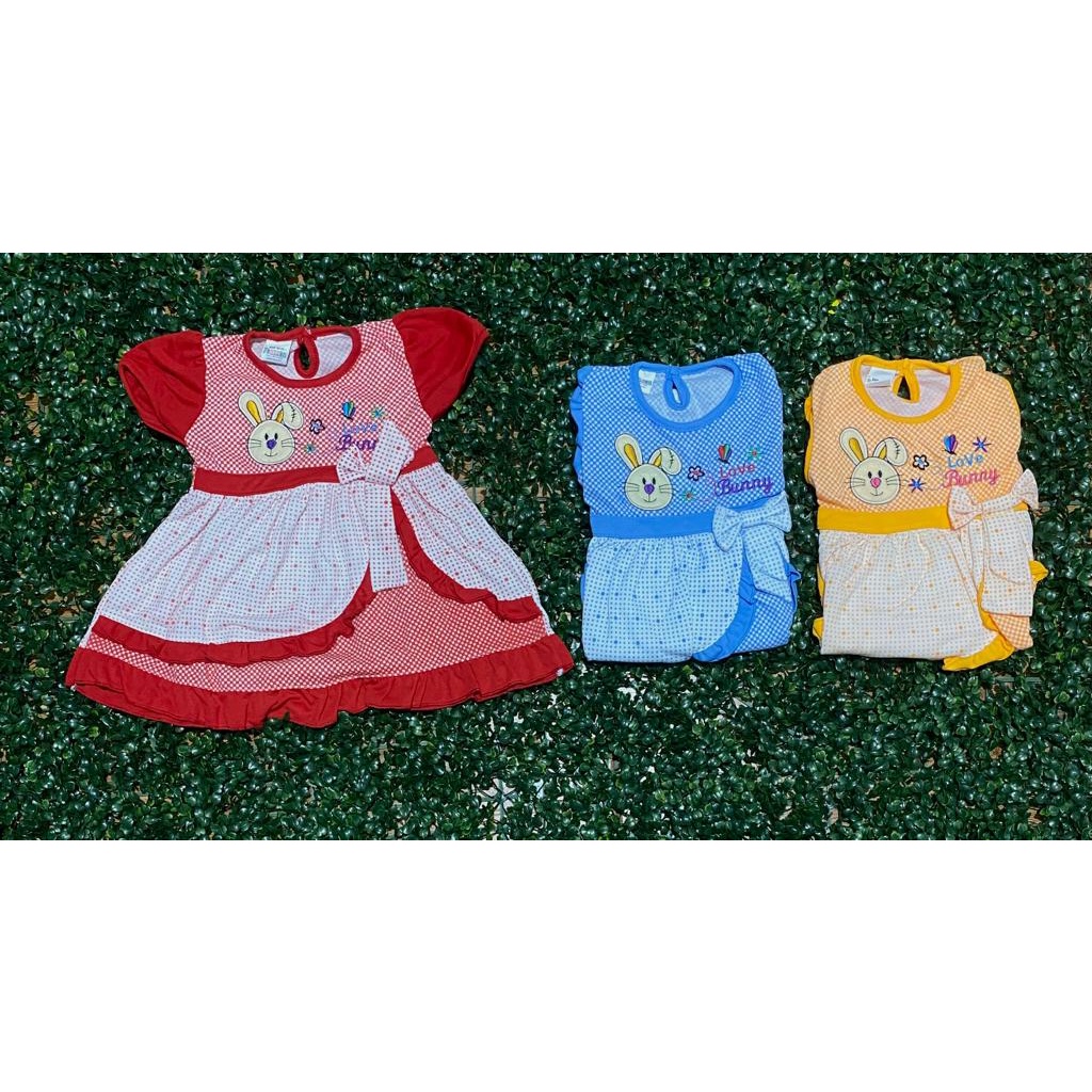 baju bayi dress motif love bunny setelan 3-18bulan