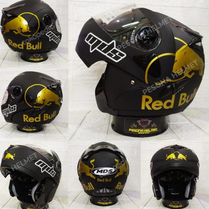 HELM MDS PRO RIDER, STIKER RED BULL BLACK GOLD DOFT ]MODULAR 2VISOR