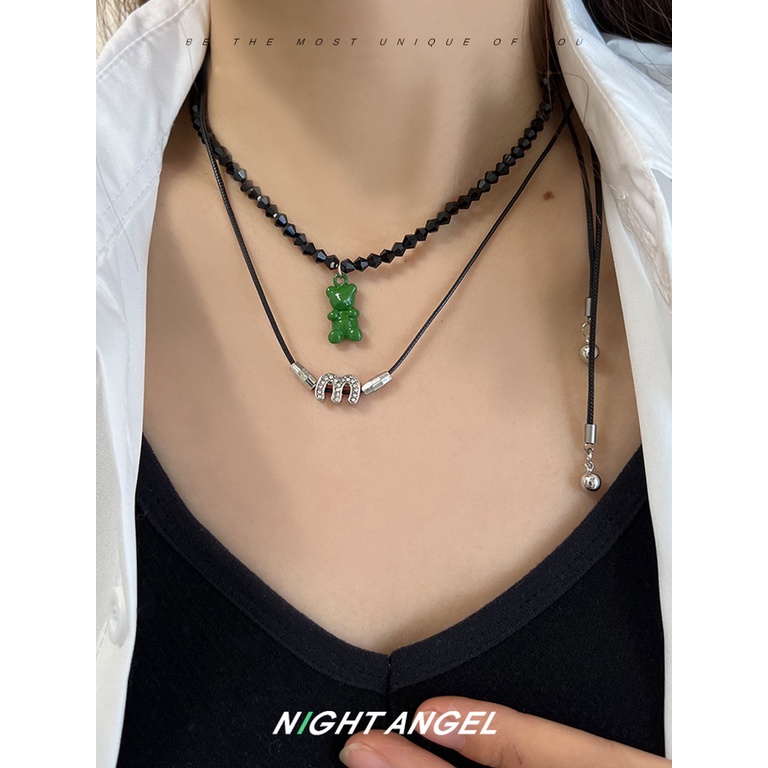 Kalung Rantai Klavikula Manik-Manik double layer Desain Beruang Huruf M