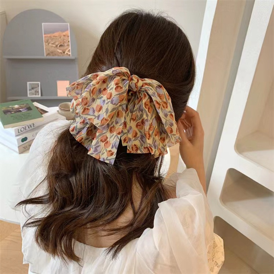 JEPIT RAMBUT PITA BESAR KAIN CHIFFON MOTIF BUNGA FLUFFY FLORAL FLOWER PATTERN FABRIC BIG HAIR CLIP SNAP AKSESORIS RIBBON BIG INS KEKINIAN TRENDY HAIRCLIP JEPITAN ALIGATOR ALLIGATOR