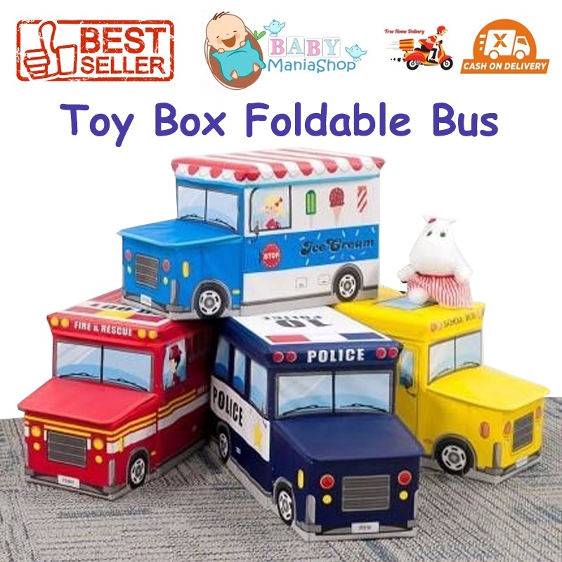 Toy Box Bus Storage Box Car Cartoon Kotak Mainan Organizer Tempat Penyimpanan Mainan Storage Stool Foldable Souven Police Ambulance Bus School Ulang Tahun Anak