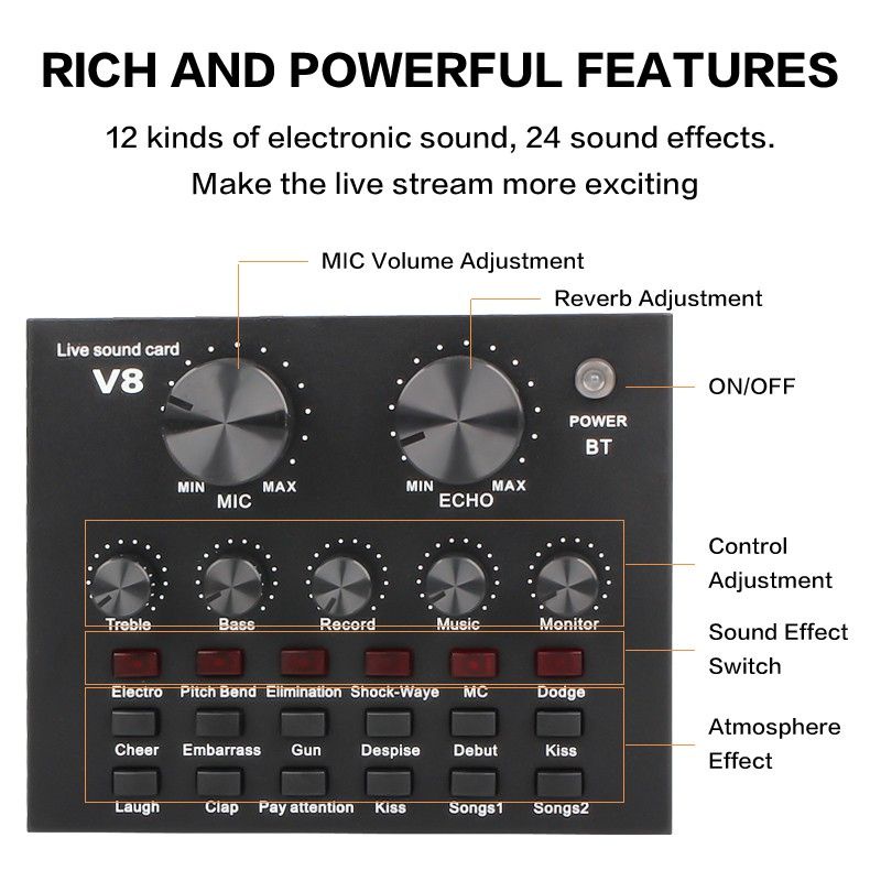 SoundCard V8 mixer Audio untuk HP dan PC Sound Card V8 live Broadcast Streaming Karaoke Smule