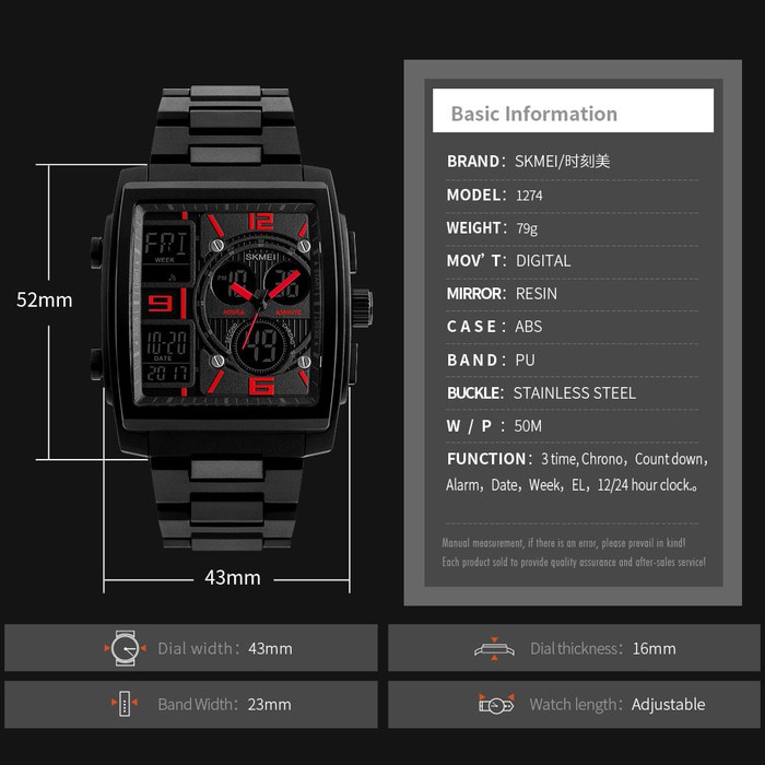 Jam Tangan Pria / SKMEI 1274 Men / Dual Time / Jam Tangan Analog Digital / SKMEI