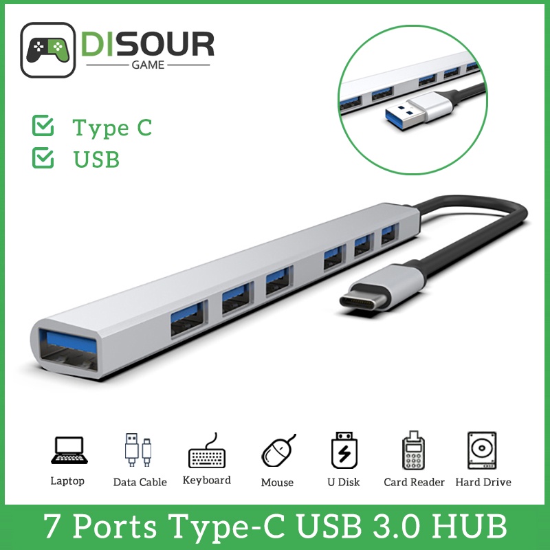 Hub 7 Port USB 3.0 Tipe-C Kecepatan Tinggi Untuk Laptop / PC / Keyboard / Mouse