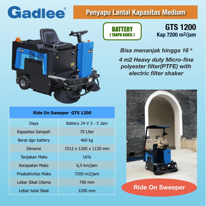 Ride On Sweeper Gadlee GTS 1200 (Mesin Penyapu tenaga Battery)