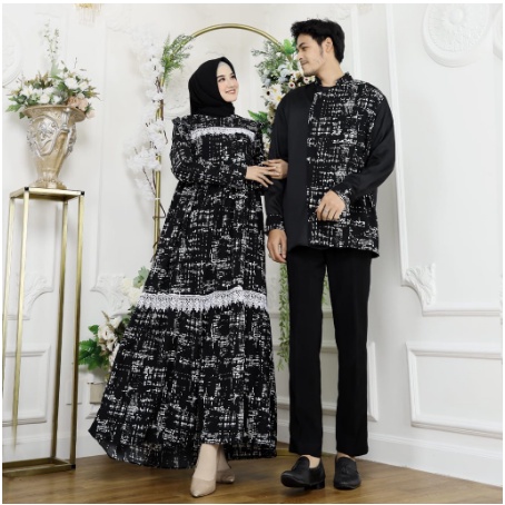 Set Baju Couple Pria Wanita Gamis Kemeja Koko Suami Istri Pasangan Muslim Batik Modis Terbaru 2022-Hitam