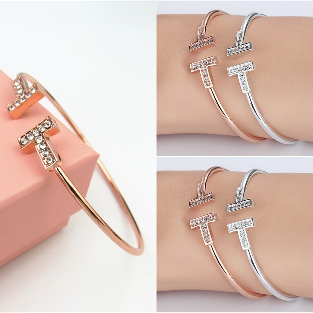 Set Gelang Model Terbuka Desain T Ganda Bahan Zirkon Warna Rose Gold