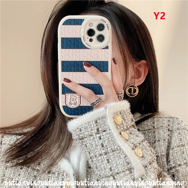 Soft Case TPU Motif Garis Biru Putih + Label Beruang Untuk IPhone 7 8 Plus X 11 13 12 Pro MAX XR 6 6s Plus XS MAX SE 2020