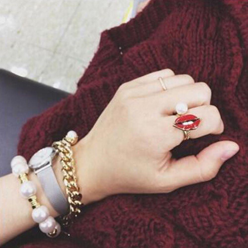 Needway Cincin Kreatif Elegan Kualitas Tinggi Emas Pesta Buku Jari Gigi Terbaru Bibir Merah Lady Adjustable