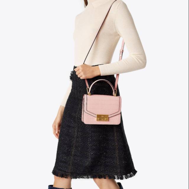 TORY BURCH Juliette croc pink tas original authentic asli bag Embossed Mini Top-Handle Satchel