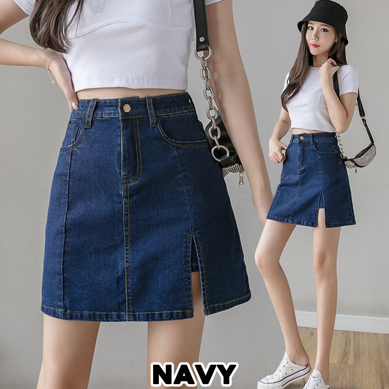 KARAKOREA 6808 Side Slit Strechable Denim Skirt with Pants/Rok Denim/Rok Jeans/Rok jeans wanita/Rok Jeans Korea/Rok wanita