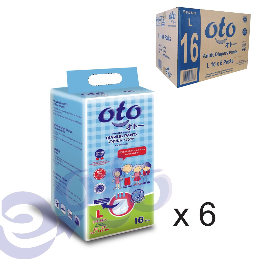 OTO Popok Dewasa PANTS Adult Diapers model Celana uk L isi 16 pcs x 6 ( 96 pcs )