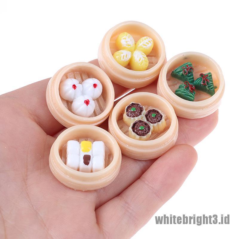 (white3) 5pcs / set Mainan Miniatur Dim Sum Cina Skala 1: 12 Untuk Dekorasi Rumah Boneka