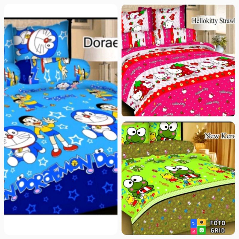 Sprey sprei sepray tidur satu set ukuran 180X200 motif karakter hello kitty doraemon keroppi /Seprai satu set 2 sarung bantal + sarung guling no 1 bahan halus