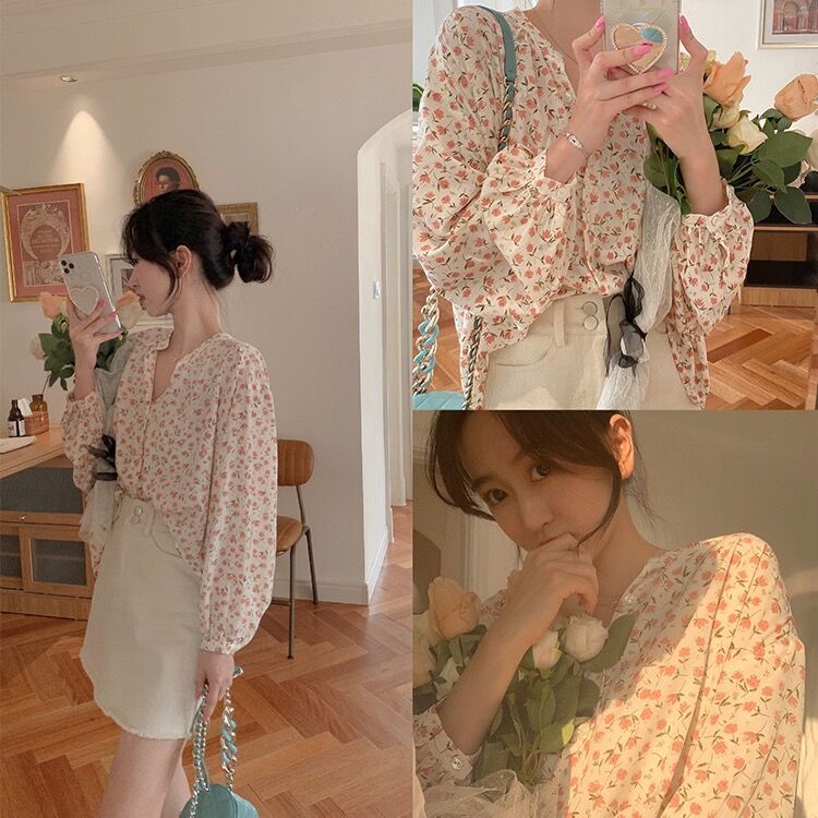 yikoo-Kemeja korea shirt lengan panjang floral bermotif bunga atasan blouse wanita