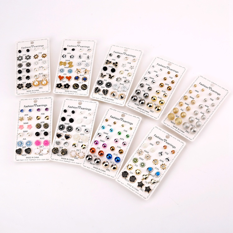 12 Pasang Anting Set Tusuk 12 in 1 Nama Bulan Anting Kristal Fashion Anting Korea Aksesoris