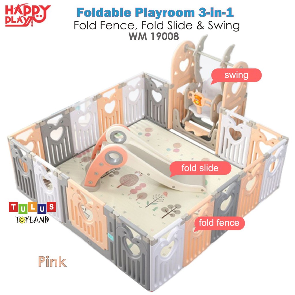 Pagar Perosotan Happy Play Foldable Playroom 3 in 1 Fold Fence Slide Swing WM 19008 Pagar Bayi 3in1