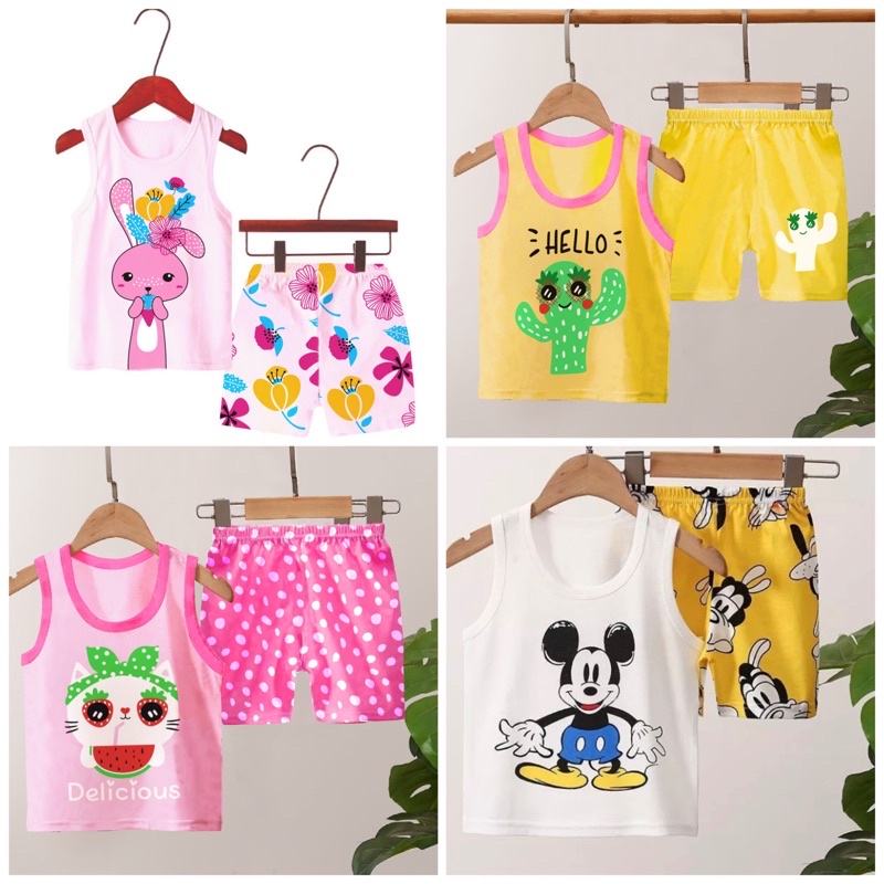 SETELAN SINGLET ANAK CEWEK KARAKTER RABBIT,KAKTUS GOYANG,CAT,KARTUN