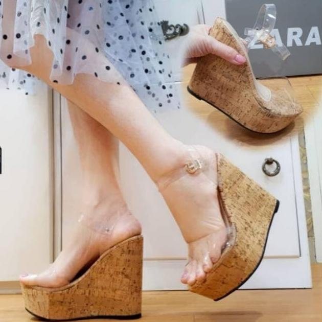 Zara Sepatu Sandal Wedges Wanita Transparant 12cm Import TERLARIS