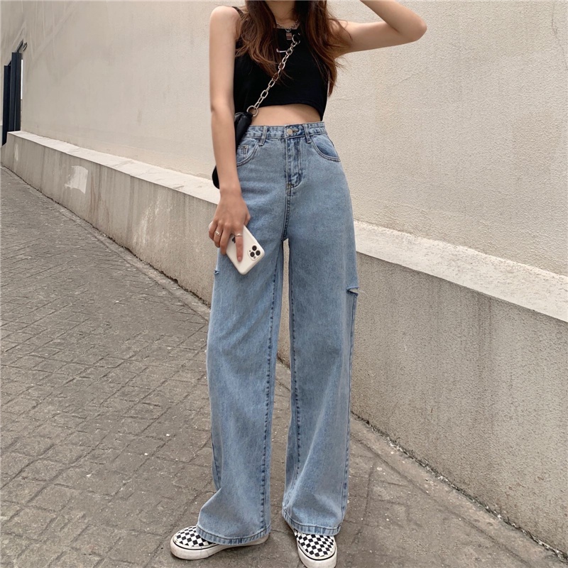 New Biru high waist robek straight leg celana jeans panjang wanita