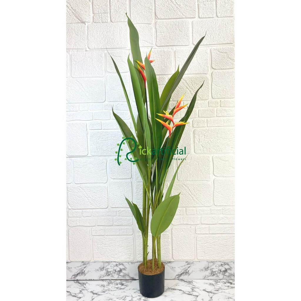 Pohon Daun Heliconia Pisangan Bunga Bird Of Paradise T165 Latex Artificial Pot Dasar Hitam Plastik T