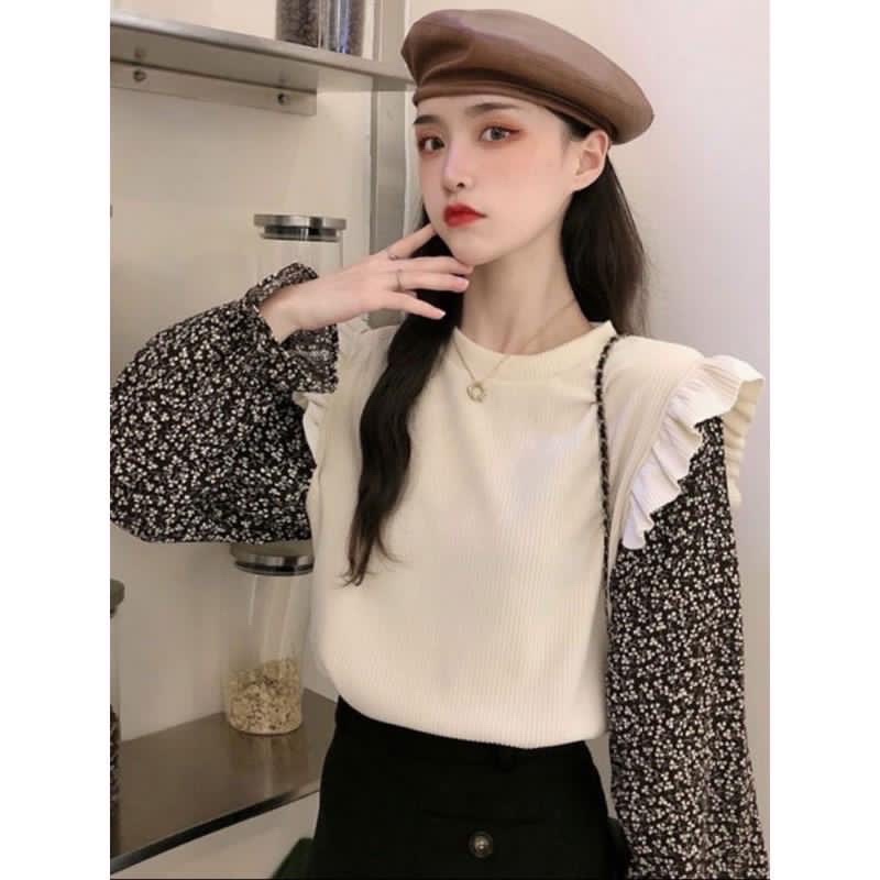 FC- Atasan Mindi Rumple Combine Crop Top Wanita Korean Style-Blouse Lengan