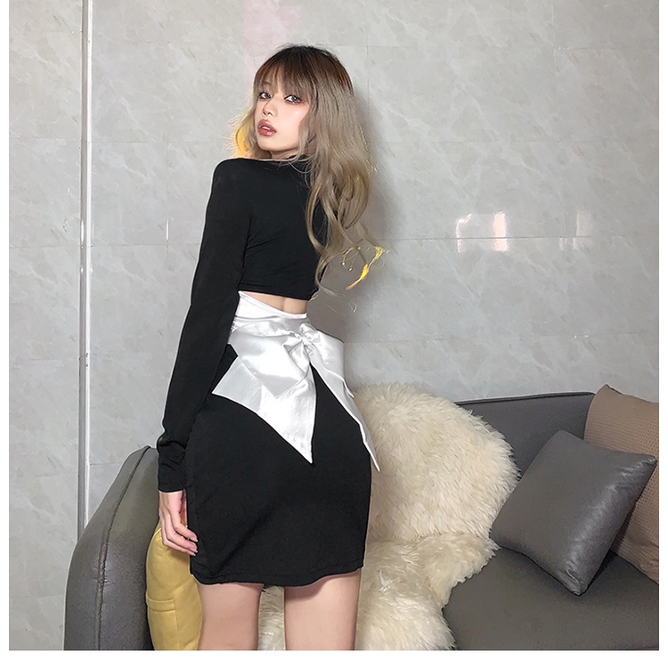 【AMY J】Solid Color  Tight Hollow  Sexy Long Sleeved Party Dress  7047