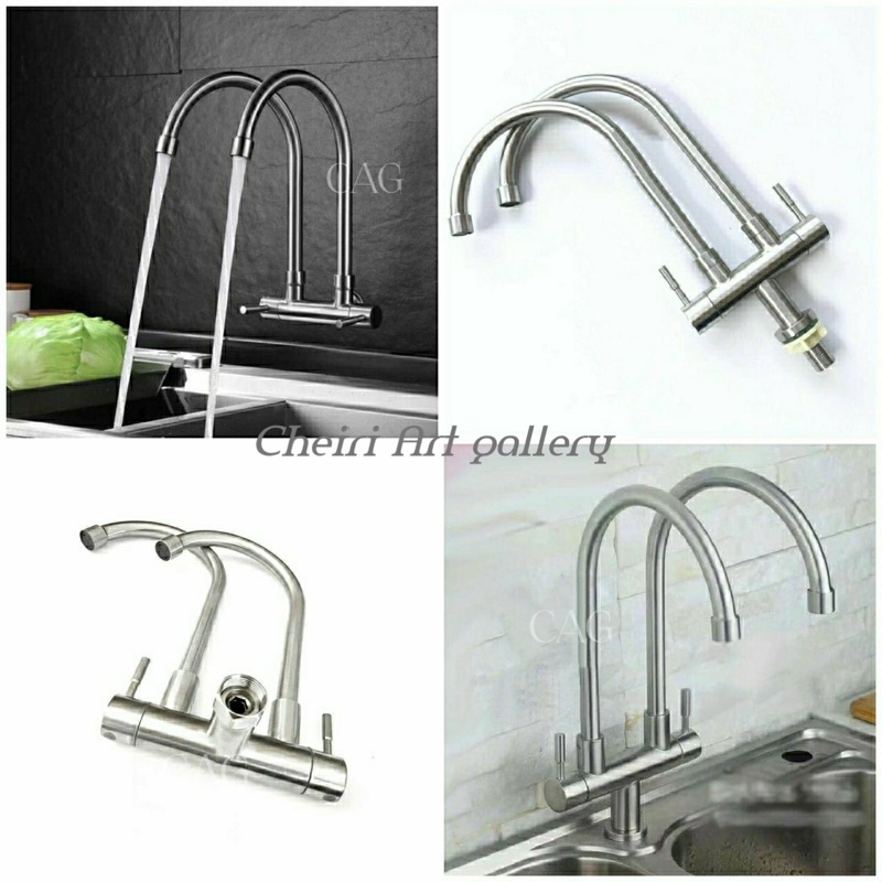Kran wastafel Double 2cabang Stainless/ Keran Air cuci Piring Cabang 2kepala Tembok Tanam Stainless 