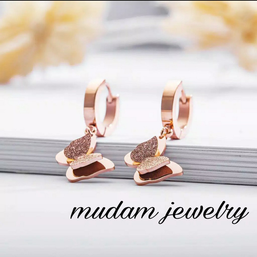 Anting Titanium Kupu-Kupu Juntai Untuk Wanita Fashion Warna Rose Gold, Gold dan Silver