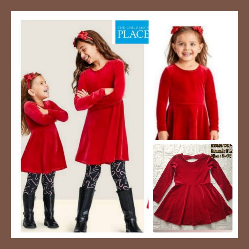 Baju Dress Anak Perempuan Velvet PLACE Merah 6M-4Tahun