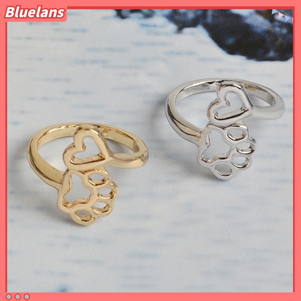 Bluelans Adjustable Opening Ring Hollow Love Heart Dog Paw Ring Jewelry for Dog Owner