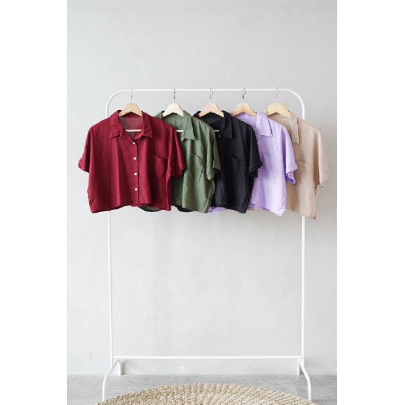 Oversized Rayon Crop Top Kemeja Wanita Casual Big Size Jumbo Polos Lengan Pendek-6