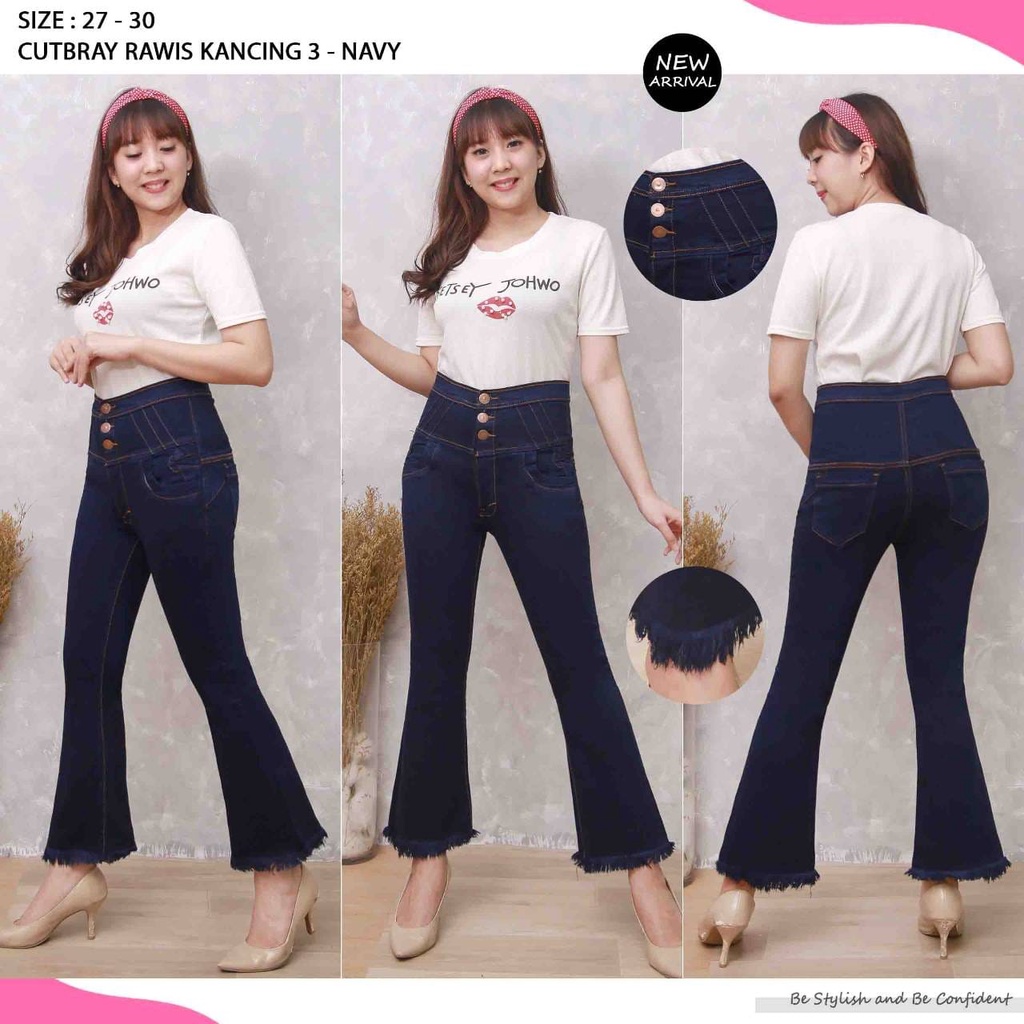 Celana Panjang Jeans Wanita Highwaist Cutbray Rawis Kancing Tiga 27-30 Bisa Bayar Ditempat(COD)