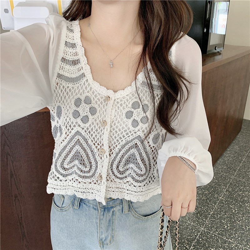 BL816 • Korean Love Pattern Blouse • Crochet Knit Crop Top • Puff Long Sleeve