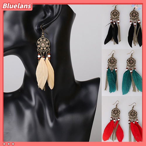 Anting Kait Gantung Panjang Desain Dream Catcher Aksen Rumbai Bulu Gaya Vintage Etnik Bohemia Untuk Wanita