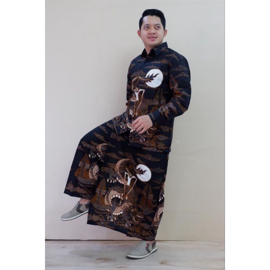 Kemeja Batik Pria Setelan Celana Sarung Cowok Dewasa Lengan Panjang Pendek Full Fuirng Motif Wayang 