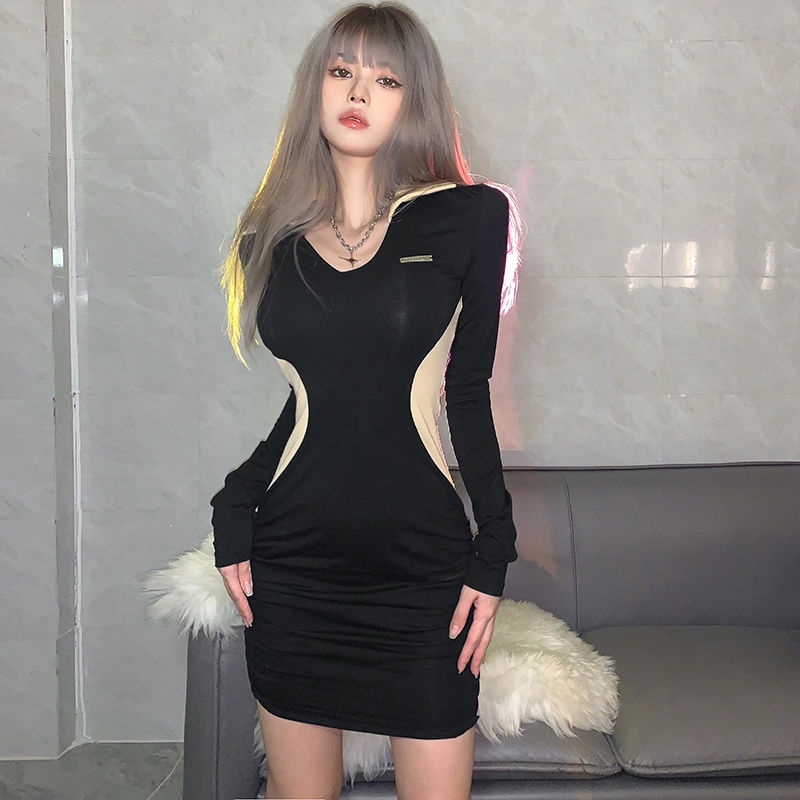 #Sisjuly# Dress Wanita Lengan Panjang Retro Wanita Kerah POLO Kontras Warna Yang Cocok Menerima Pake