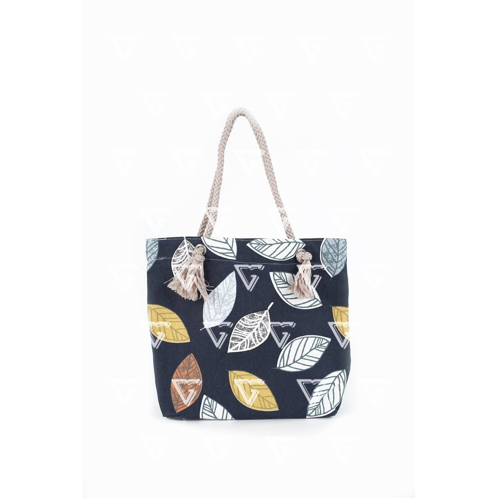 Tote Bag Kanvas Tali Sumbu - Tas Totebag Wanita Talisumbu Kanvas Motif Daun Nangka Navy
