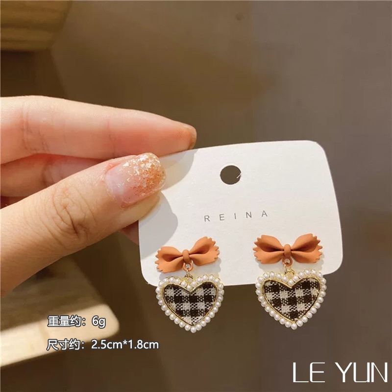 Lattice Love Bowknot Earrings Fashion Pearl Earrings Temperament Peach Heart Earrings Japanese and Korean Jewelry