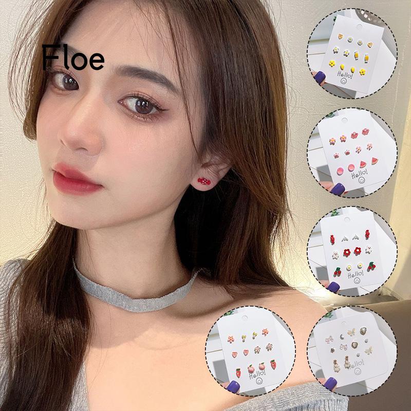 Fl 6 Pasang / Set Anting Tusuk Bahan Keramik Desain Lukisan Gaya Simple / Trendy Untuk Wanita