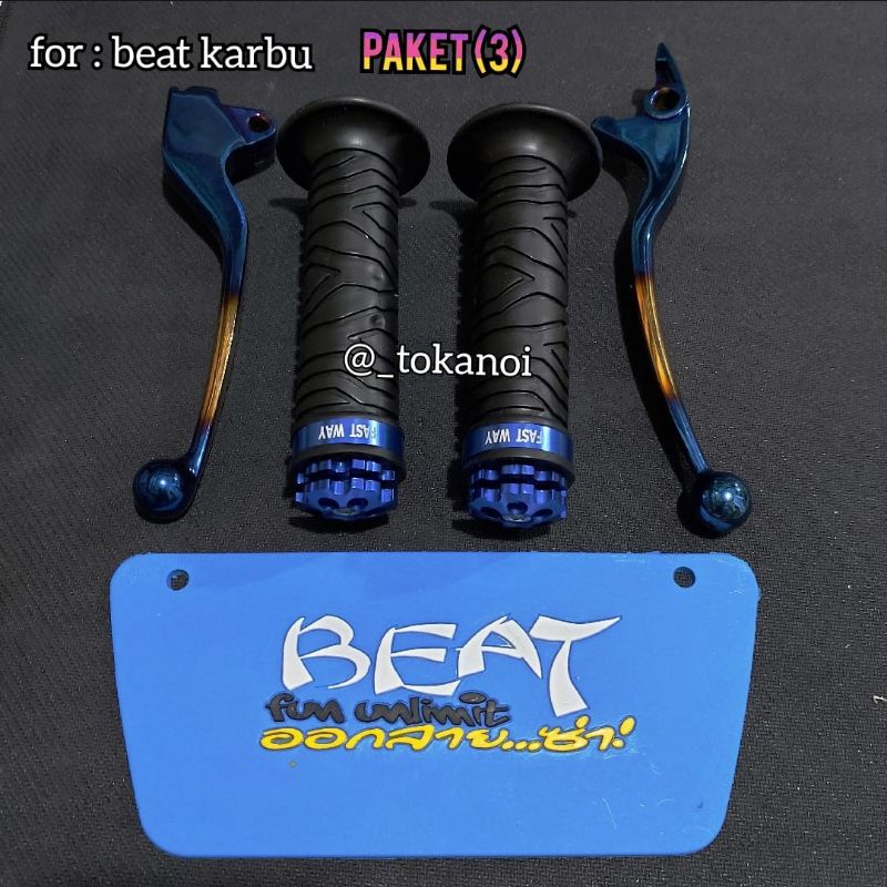 Paket handle rem kiri kanan beat karbu + handgrip jalu + mudflap thailand buat beat karbu biru