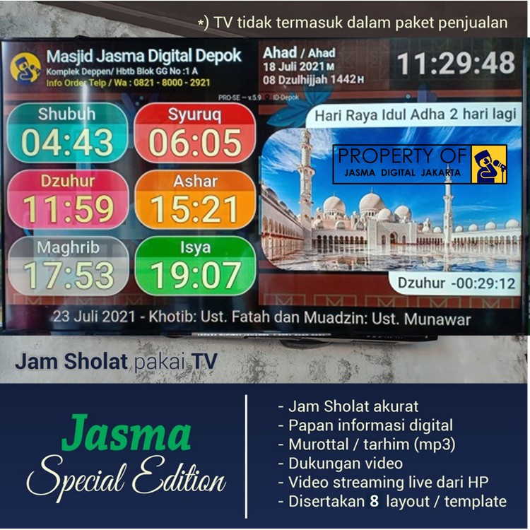 Jasma Versi Spesial Edition Jam Jadwal waktu Sholat Masjid TV LED Jam Sholat Otomatis