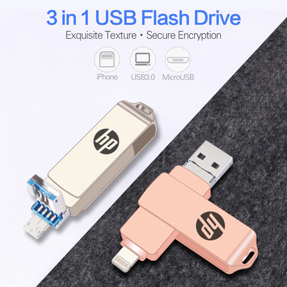 HP 3 in 1 IOS OTG USB Flash Drive 512GB Rotation Pen Drive for iPhone/Android/PC