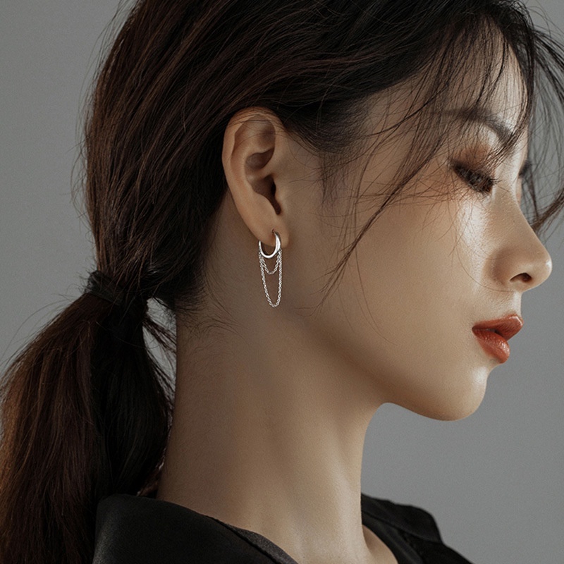 Metal Chain Tassel Ear Hoop 925 Silver Needle Stud Simple Minimalist Style Earring Jewelry