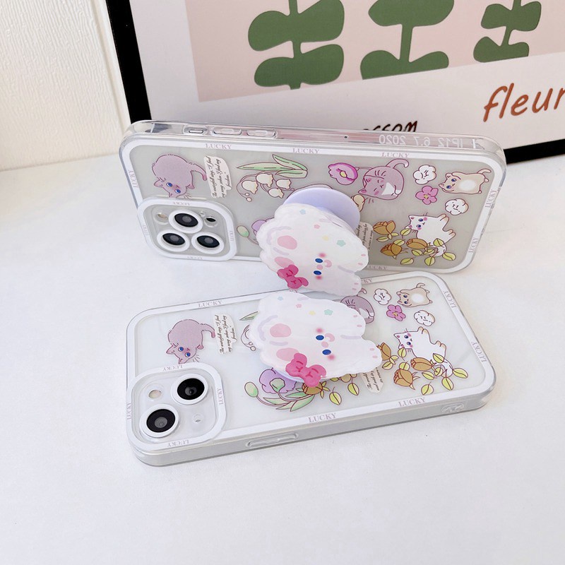 Flowers Cat Popsocket Soft Case iP iPhone 11 12 13 Pro Max 6 6S 7 8 + Plus X XR SE 2020 XS Max Casing