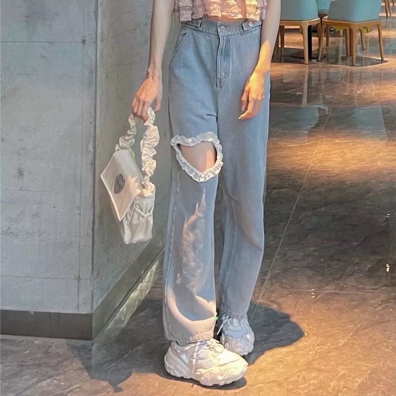 [ready stock] heart lace jeans | bawahan celana panjang jeans denim motif heart hati putih lucu aesthetic gaya korea